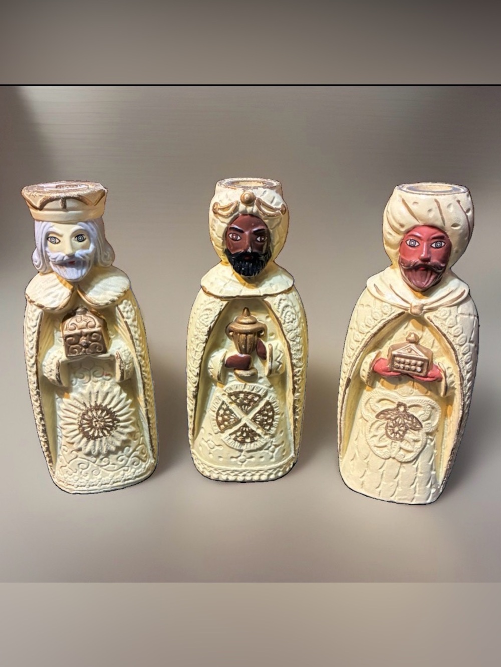 3 Vintage Wisemen Kings Christmas Paper Mache Candle Holders Made In Japan